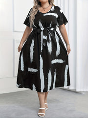 Brush Print V Neck Maxi Dress With Belt