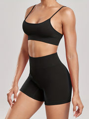 Solid Ribbed Yoga Set Sports Bra & High Waist Shorts