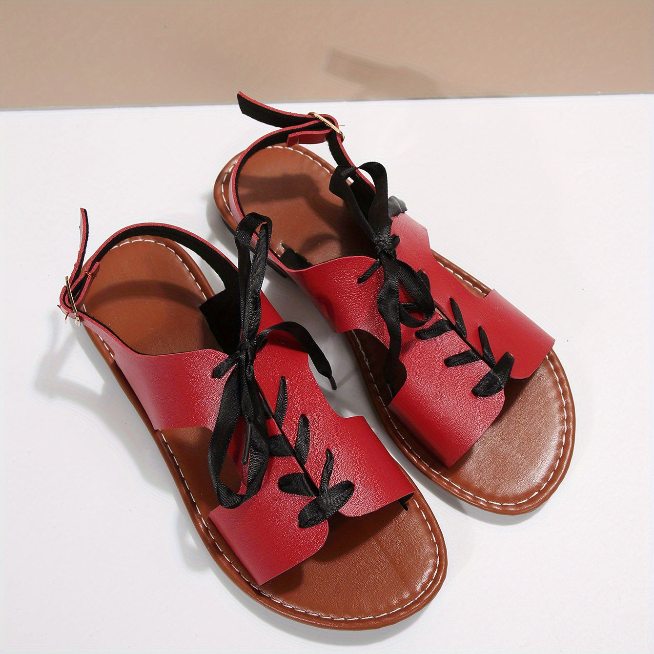 Women's Lace Up Flat Sandals Back Buckle Strap Faux Leather Shoes