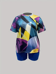 Women's Plus Colorblock Geometric Print Top & Shorts Set