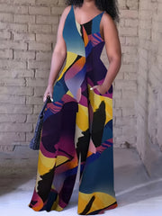 Casual Cami Jumpsuit Random Print V Neck Wide Leg With Pockets