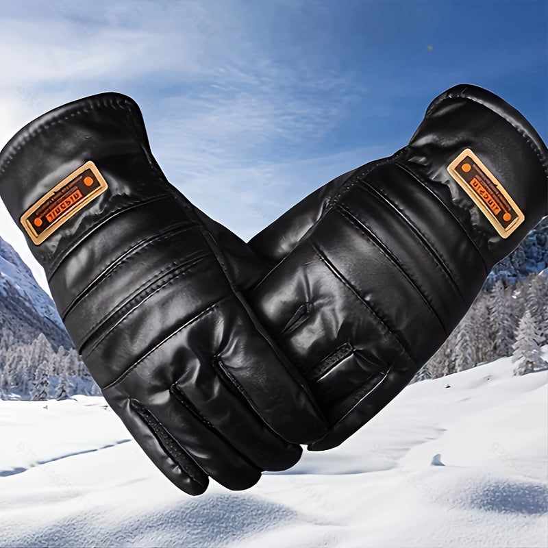 Men's Winter Gloves PU Leather Plus Velvet Thickened Windproof Cold-proof