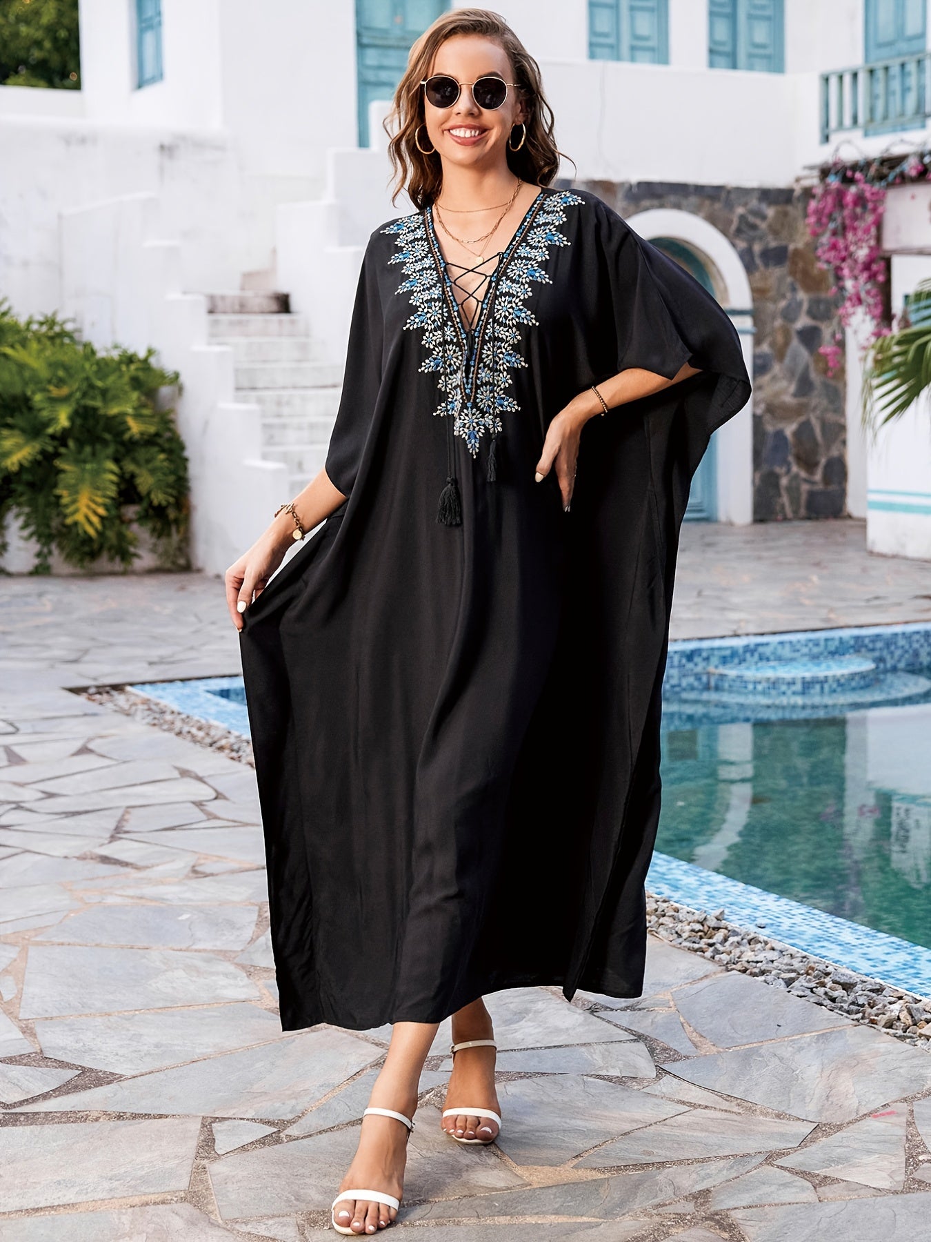 Boho Kaftan Dress Women's Plus Floral Embroidered Bat Sleeve