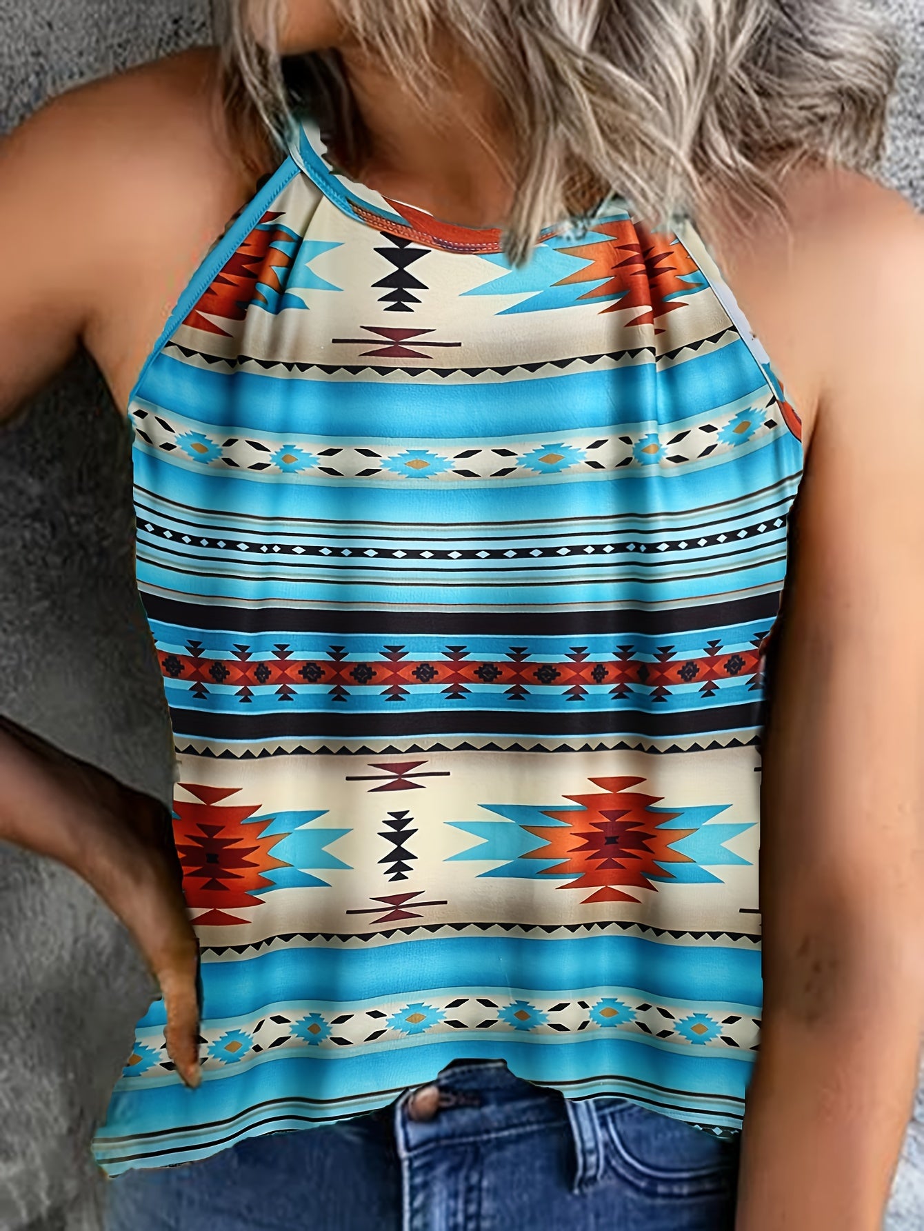 Geometric Print Halter Neck Top Sleeveless Summer Casual