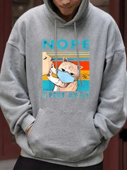 Men's Cartoon Cat & NOPE Print Hooded Sweatshirt Long Sleeve Drawstrings