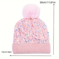 Sequin Knitted Hat Plush Fur Ball