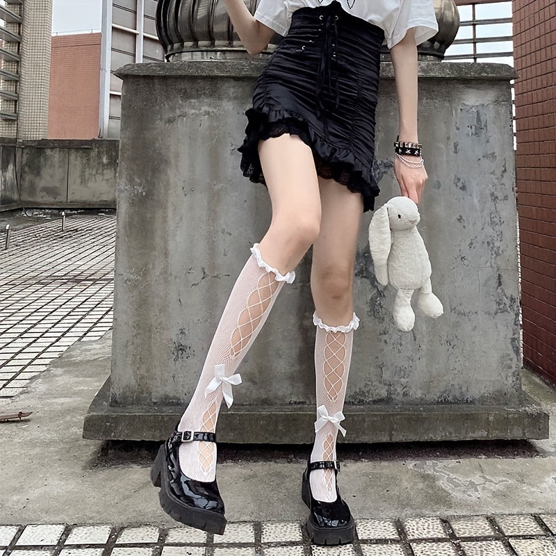 Fishnet Calf Socks Ruffle Knee High Stockings