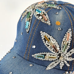 Rhinestone Leaf Patch Baseball Cap Denim Distressed Dad Hat