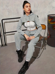 Casual Solid Two-piece Set Cropped Drawstring Hoodies & Jogger Pants