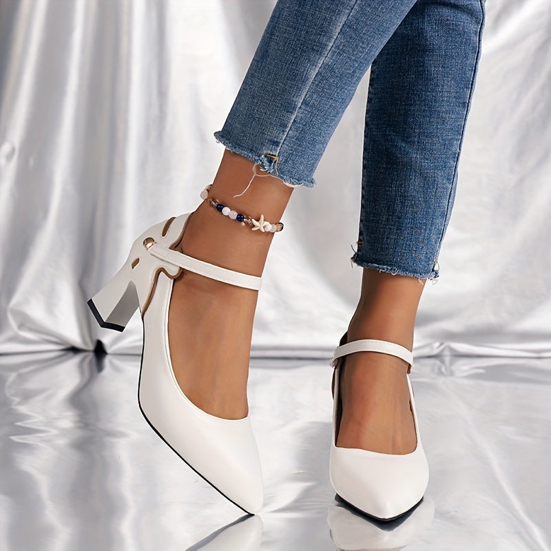 Chunky Heeled Pumps Pointed Toe Ankle Strap High Heels Dress Pumps