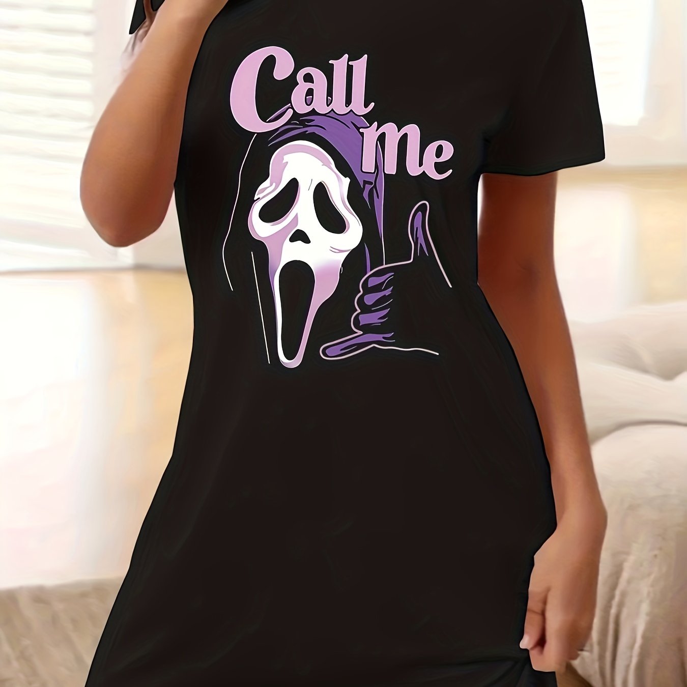 Funny Ghost & Slogan Print Short Sleeve Tee Dress