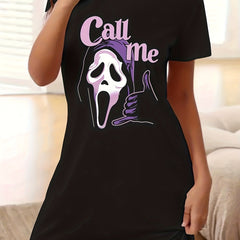 Funny Ghost & Slogan Print Short Sleeve Tee Dress
