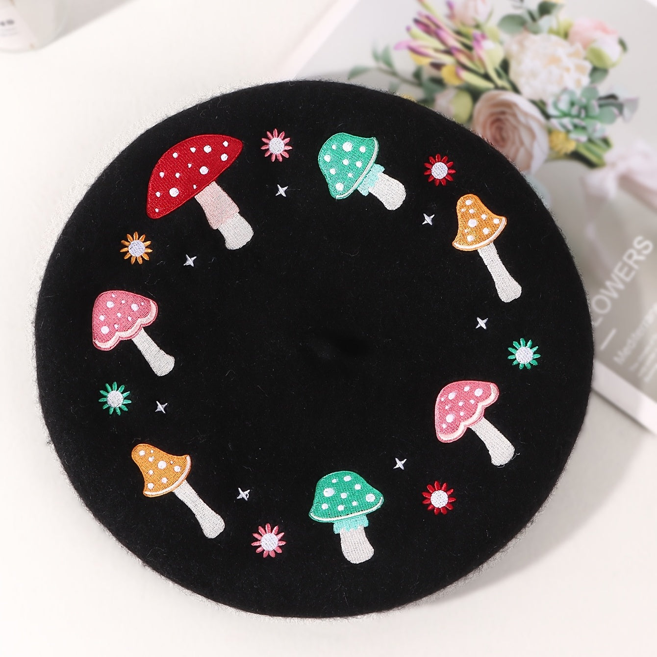 Mushroom Embroidery Wool Beret Art Painter Hat Women's Autumn Winter