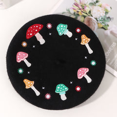 Mushroom Embroidery Wool Beret Art Painter Hat Women's Autumn Winter