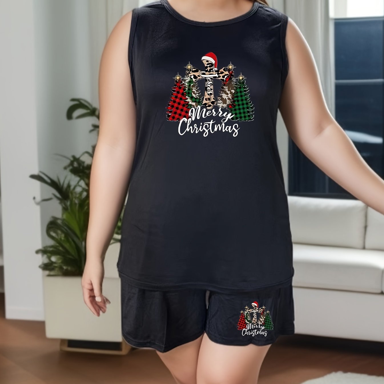 Christmas Plaid Tank Top & Shorts Pajama Set