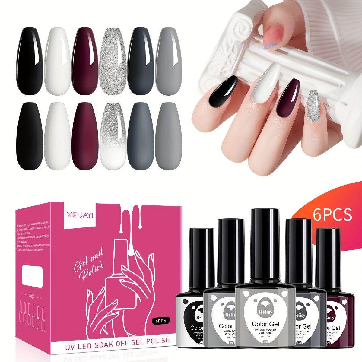 Glitter Gel Nail Polish Set - 6 Colors Soak Off No Wipe Gel Polish