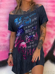 Punk Midi Dress Skull & Letter Print One Shoulder Tee Dress