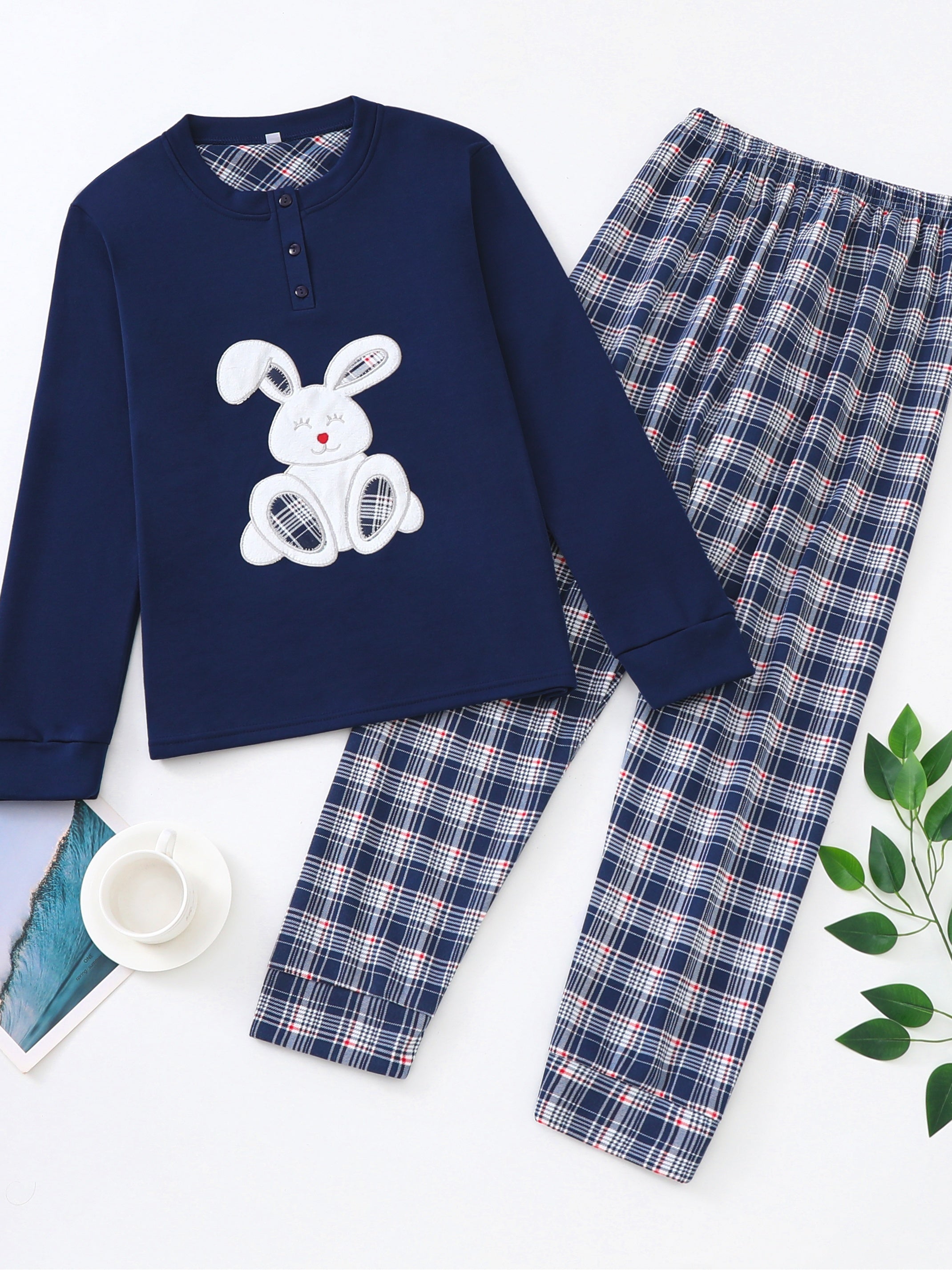 Bunny Print Pajama Set Long Sleeve Top & Plaid Pants