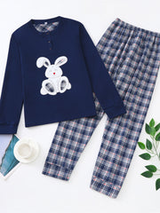 Bunny Print Pajama Set Long Sleeve Top & Plaid Pants