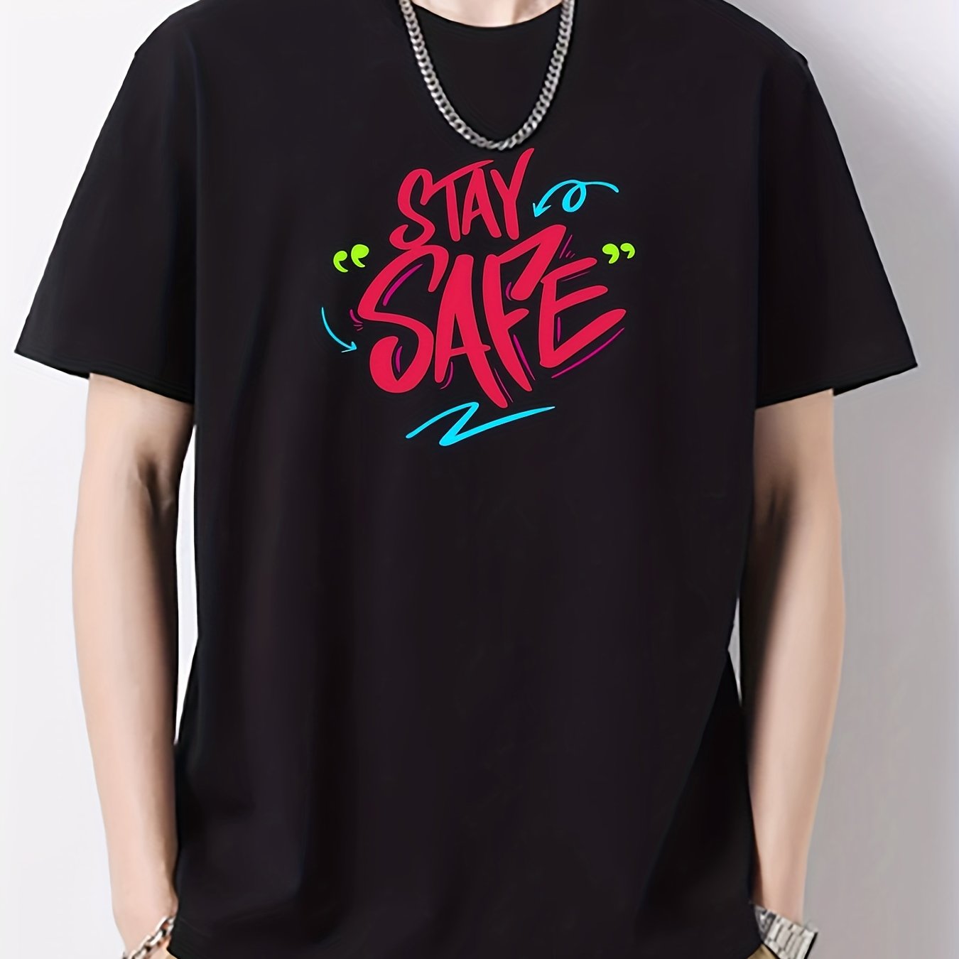 Cotton STAY SAFE Print Men's Graphic Crew Neck Active T shirt