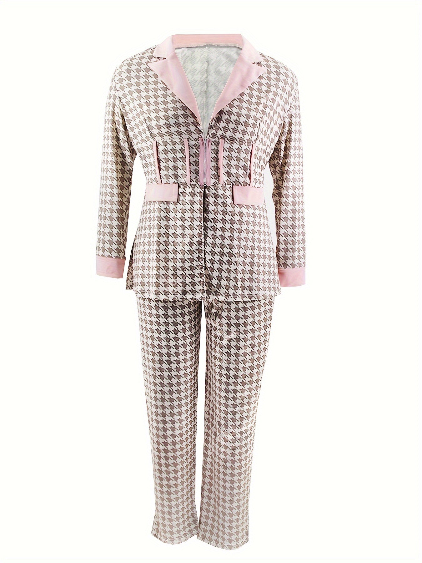Women's Plus Houndstooth Blazer & Pants Outfits Set