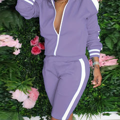 Colorblock Stripe Print Jacket & Shorts Set