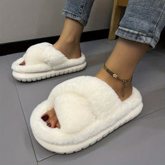 Women's Pink Fuzzy Platform Slippers Open Toe Solid Fluffy Shoes