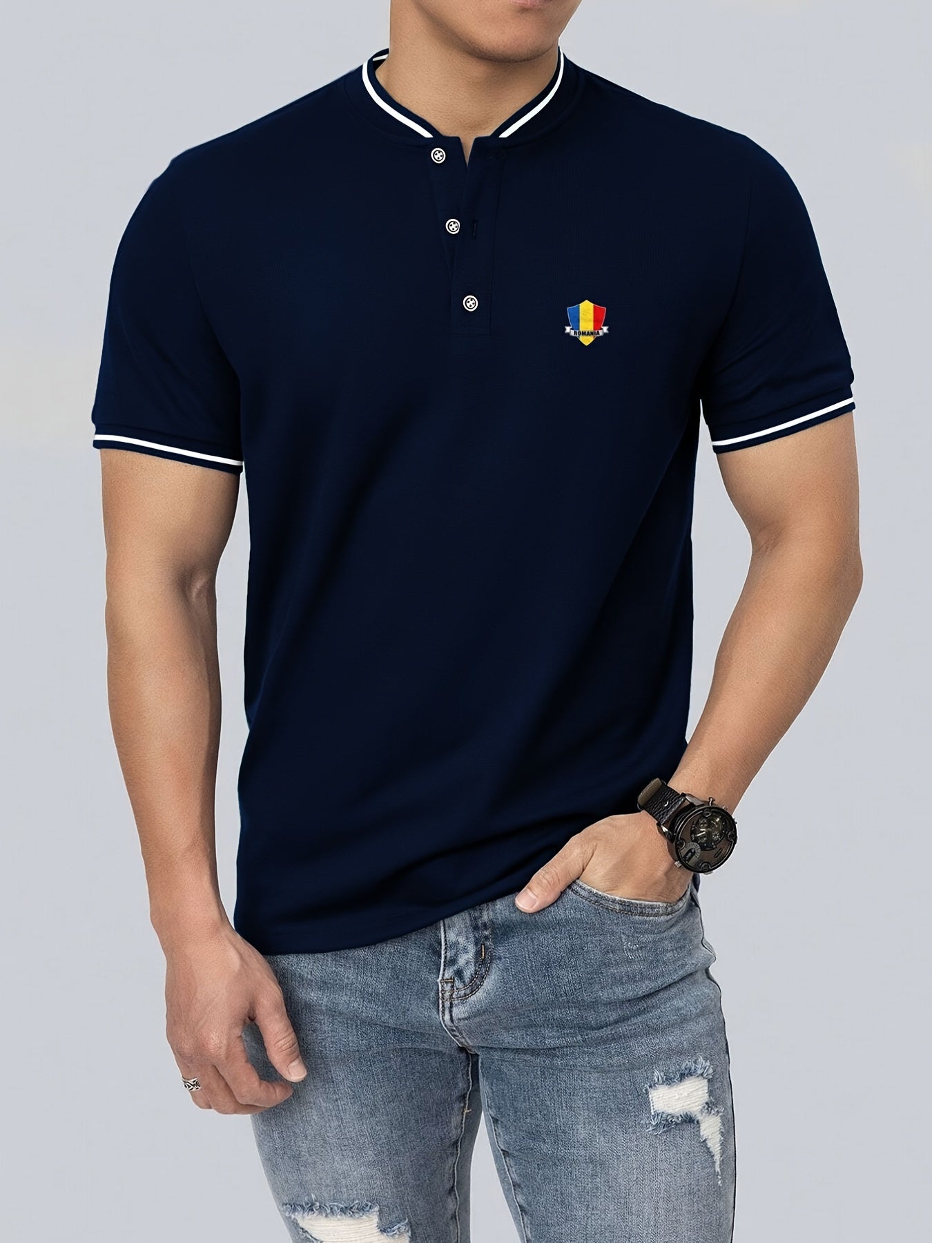 Men's Shield Print Shirt Casual Stretch Button Up Short Sleeve Tee