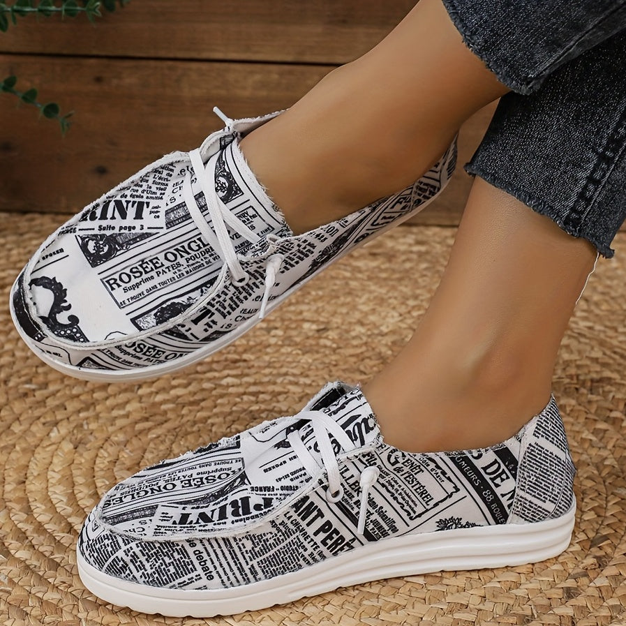 Women's Newspaper Print Canvas Loafers Lightweight Walking Shoes