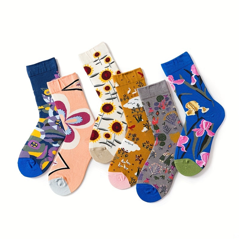6 Pairs Floral Print Socks Comfy & Breathable Women's Mid Tube Stockings
