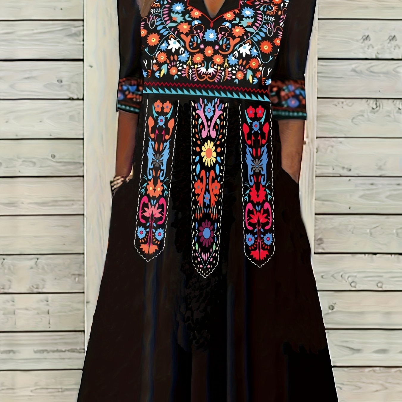 Boho Dress Women's Plus Notched Neck Tribal Print Three Quarter Sleeve