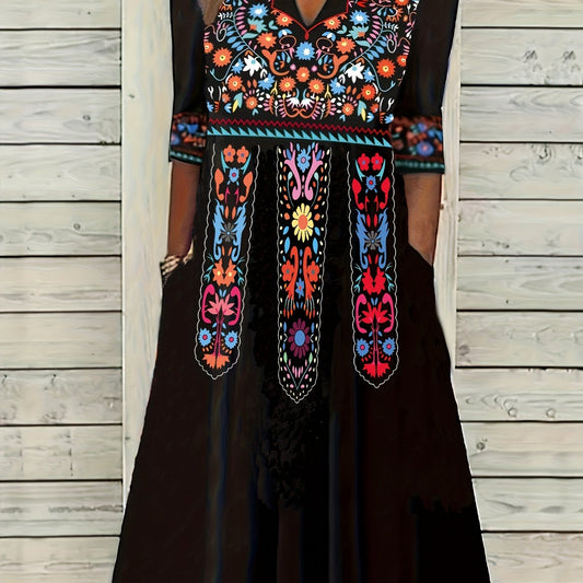 Boho Dress Women's Plus Notched Neck Tribal Print Three Quarter Sleeve