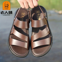 LAORENTOU Men's Leather Sandals Outdoor Anti-skid Slip On Beach Shoes
