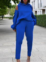 Zipper Back Solid Hoodie Sweatshirt & Sweatpants Set