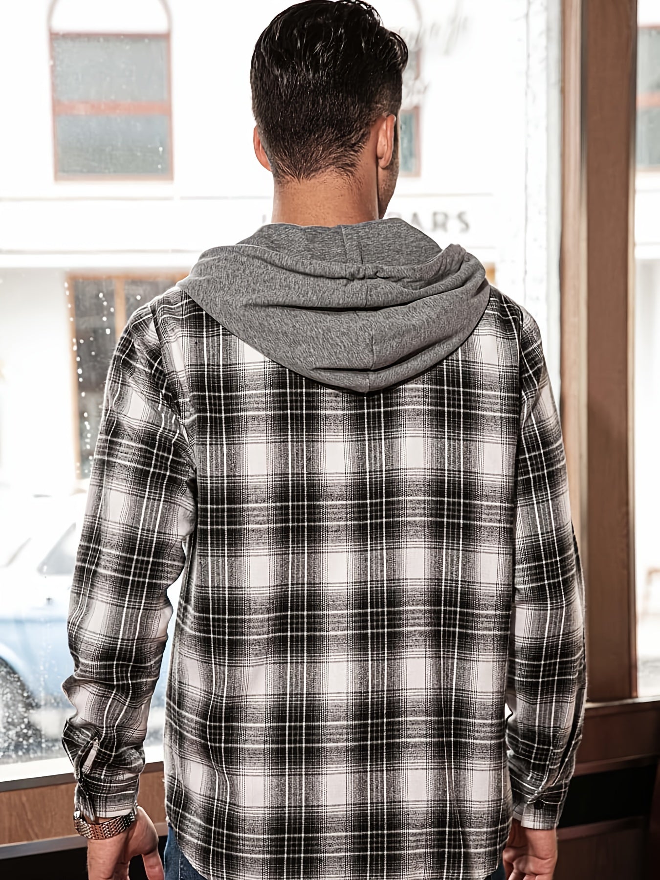 Plaid Print Men's Casual Button Up Long Sleeve Hooded Shirt