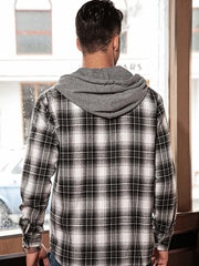 Plaid Print Men's Casual Button Up Long Sleeve Hooded Shirt