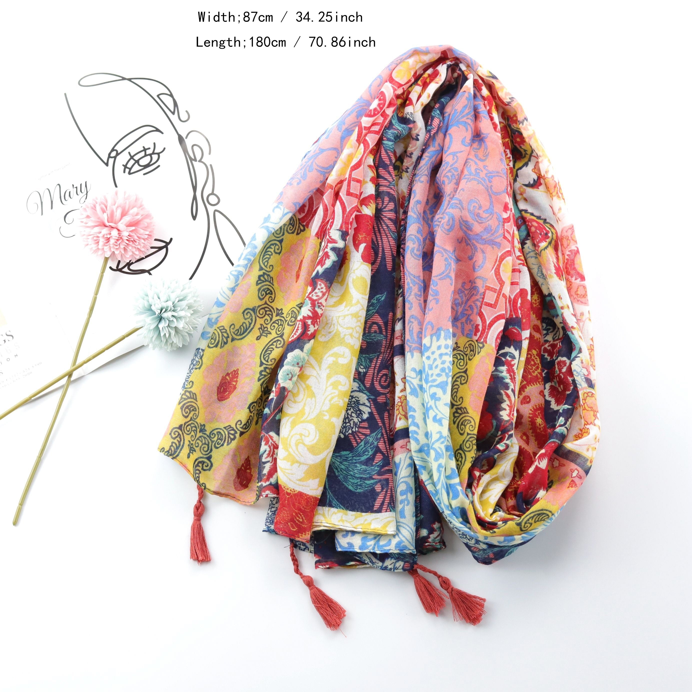 Boho Floral Print Scarf Vintage Tassel Shawl Windproof Head Wrap