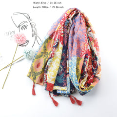 Boho Floral Print Scarf Vintage Tassel Shawl Windproof Head Wrap