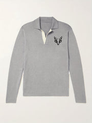 Antlers Pattern Knit Polo Shirt Men's Casual Lapel Middle Stretch V Neck Pullove