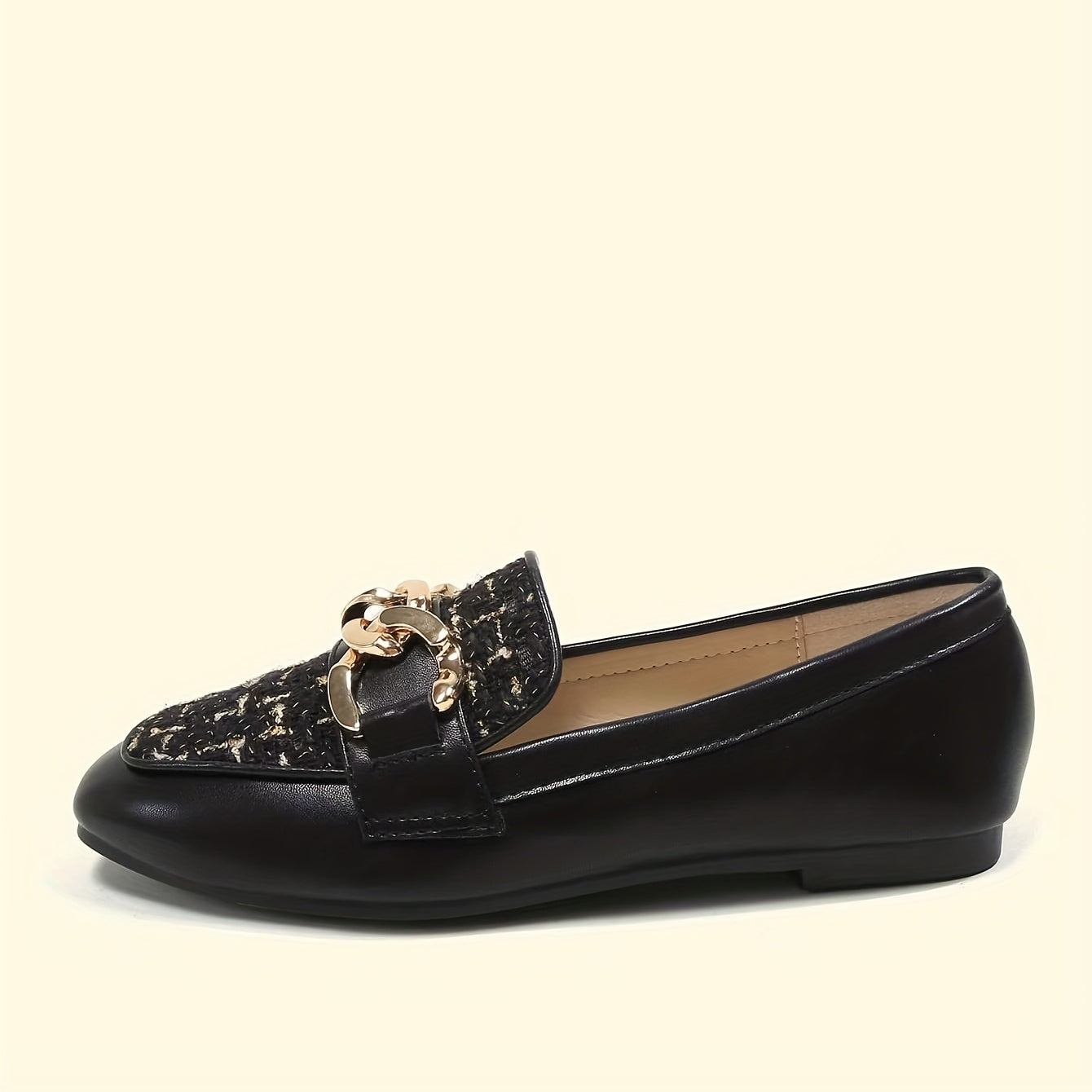 Women's Tweed Flat Loafers with Metallic Chain Decor