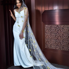Vintage Royal Court Style Long Bridal Veil with Yellow Butterfly Embellishments