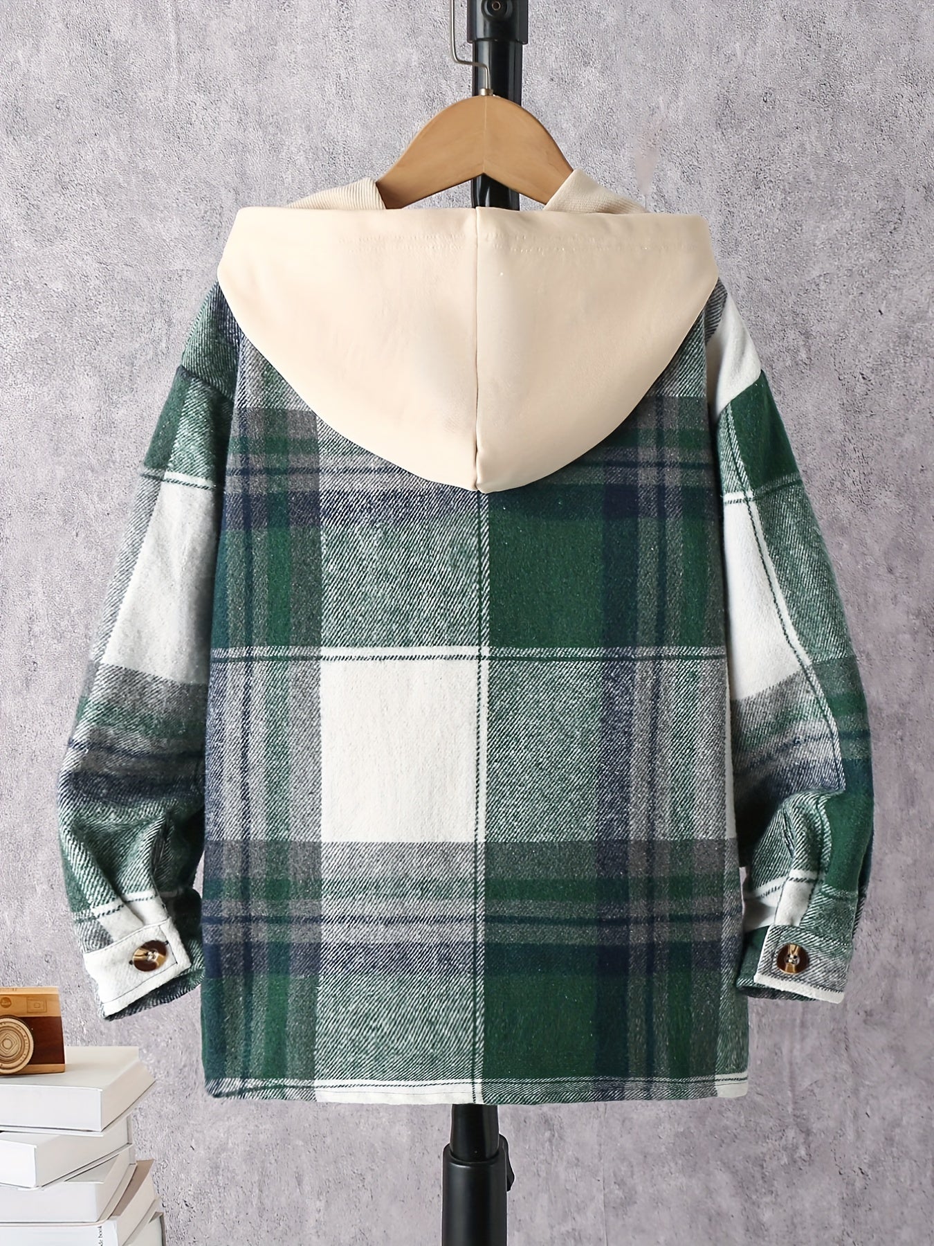 Boys Plaid Print Hooded Shirt Coat Long Sleeve Casual Button Closure