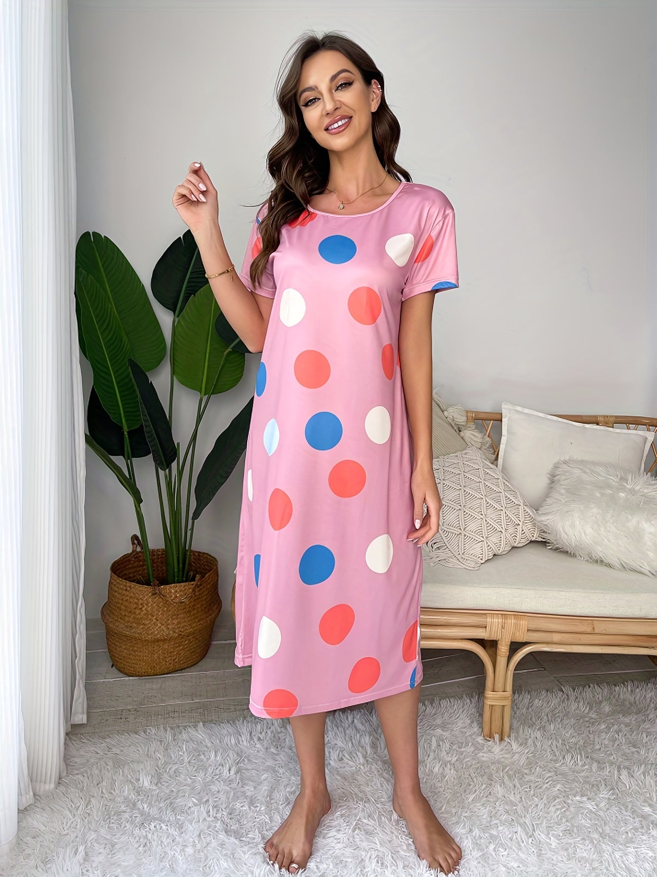 Polka Dot Nightdress Short Sleeve Crew Neck Sleepwear