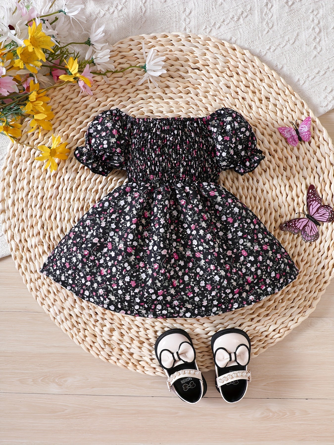 Baby Girls Butterfly Floral Print Puff Sleeve Dress for Summer