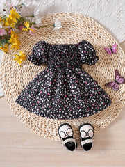 Baby Girls Butterfly Floral Print Puff Sleeve Dress for Summer