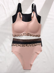 Leopard Stitching Bra & Panties Set, Push Up Wireless, Seamless Lingerie
