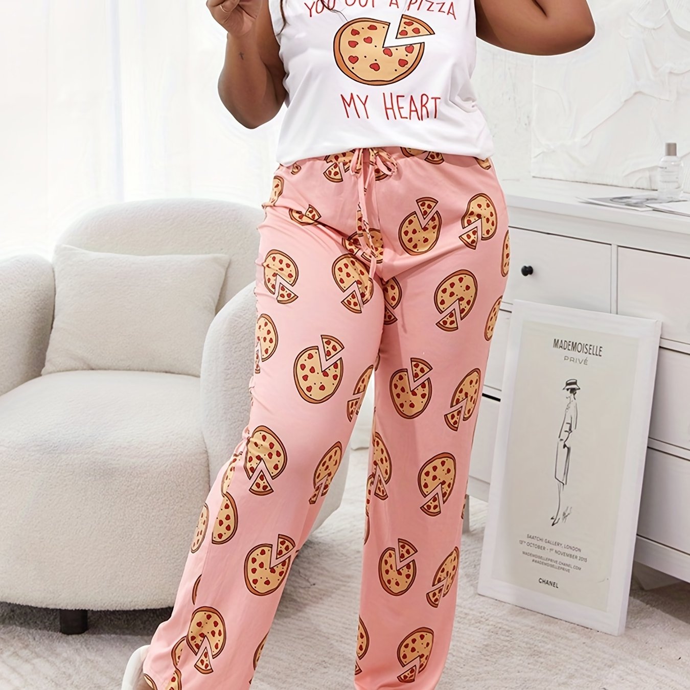 Letter & Pizza Print Tank Top & Pants Pajama Set