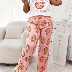 Letter & Pizza Print Tank Top & Pants Pajama Set
