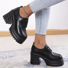 Women's Chunky Heel Loafers Lace Up Platform Shoes