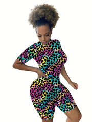 Leopard Print Tie Dye Romper Short Sleeve Bodycon Casual Women's Clothing